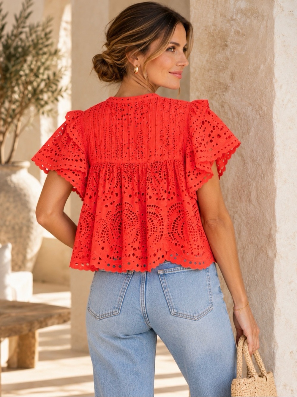 FARM Rio Red Eyelet Ruffle Blouse Small Flutter Sleeve Top - Picture 2 of 10